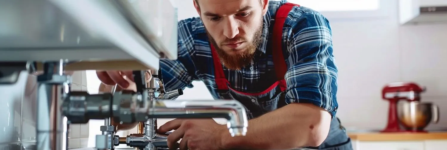 Technician fitting a kitchen faucet under a sink